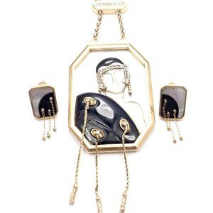ERTE Folies 14k Yellow Gold Diamond Onyx Mother of Pearl Necklace & Earrings Set